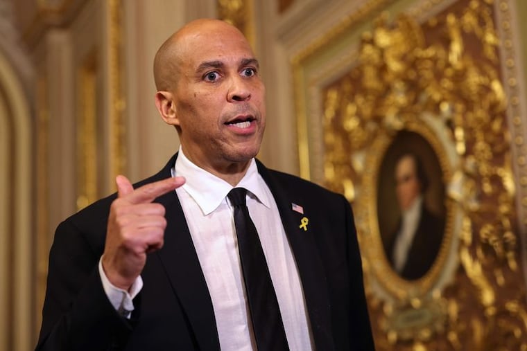 U.S. Sen. Cory Booker (D-NJ) speaks to reporters as he leaves the Senate Chamber after delivering a record setting floor speech at the U.S. Capitol on April 01, 2025 in Washington, DC. (Photo by Tasos Katopodis/Getty Images)