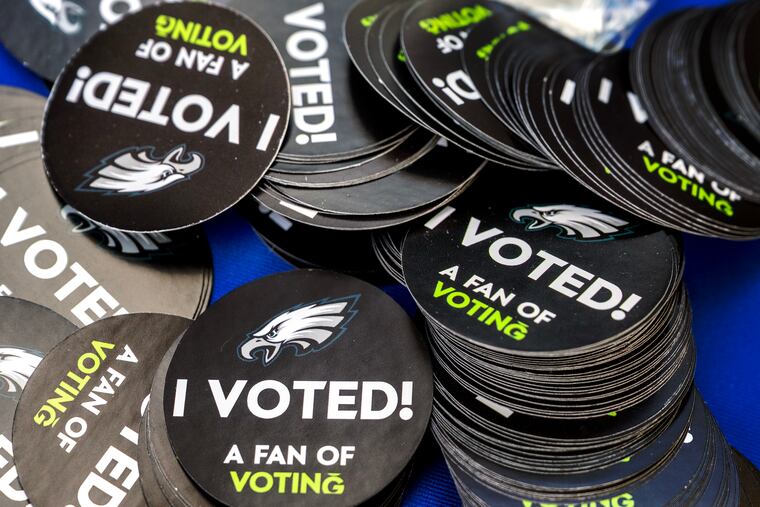 Eagles “I Voted” stickers available during a get-out-the-vote event at City Hall on Oct. 29.