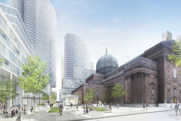 The Archdiocese of Philadelphia last year released this rendering, envisioning high-rise towers would take the place of some of its real estate holdings surrounding the Cathedral Basilica of SS. Peter and Paul.