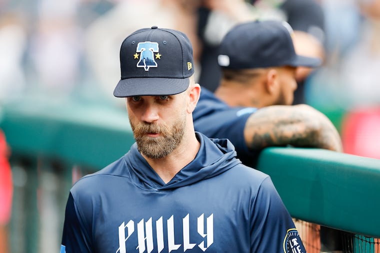 Phillies first baseman Bryce Harper missed his fourth straight game since getting hit with a fastball on his right elbow.