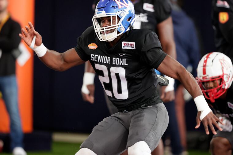 National Team linebacker Kyron Johnson of Kansas participating in practice for the Senior Bowl in February in Mobile, Ala.