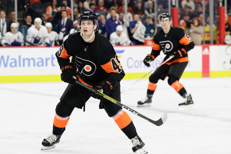 Flyers left wing Joel Farabee did not record a point in Saturday's loss to the Leafs, but he was on the ice for both of the team's power-play goals.