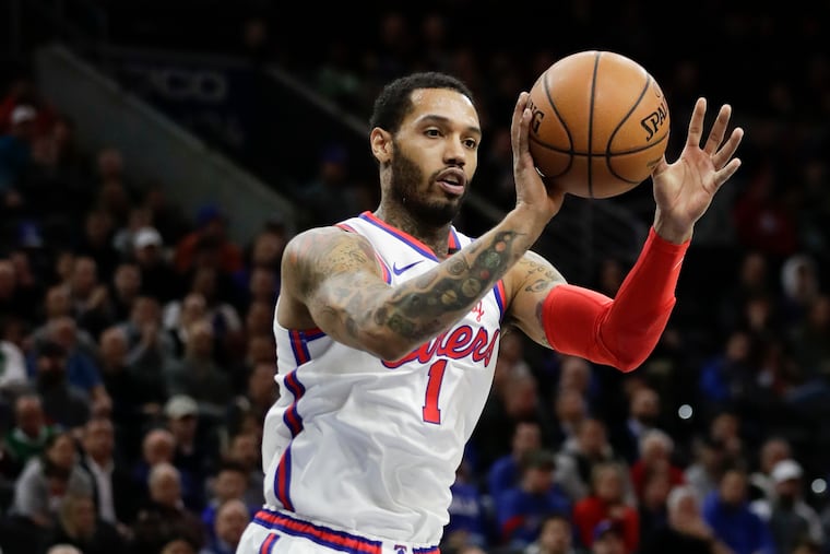 Sixers forward Mike Scott passes the basketball against the Boston Celtics on Thursday, January 9, 2020 in Philadelphia.