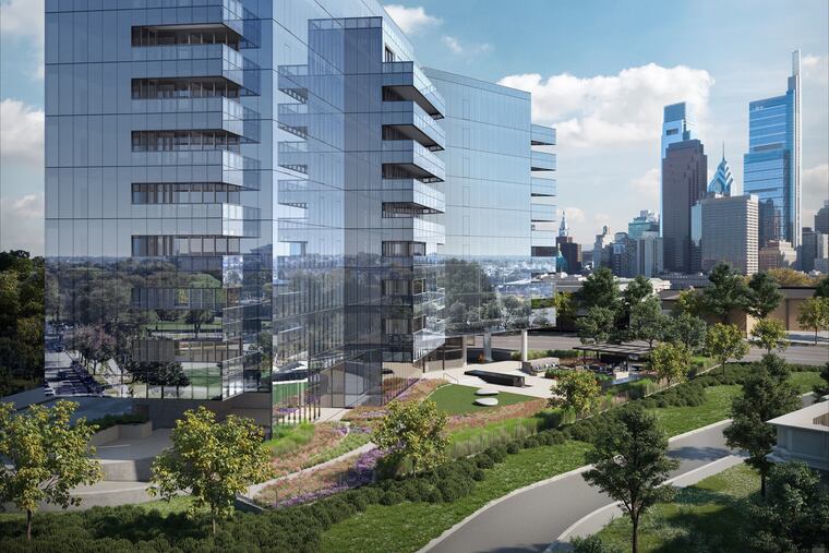 Artist's rendering of private garden planned at foot of proposed 2100 Hamilton condo tower beside the old Reading Railroad railway trench near the Benjamin Franklin Parkway.
