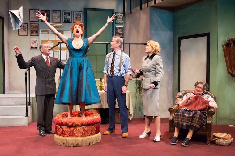 Peter DeLaurier, Mary Elizabeth Scallen, Kevin Bergen, Julianna Zinkel and Marcia Saunders in "Moon Over Buffalo " at People’s Light.