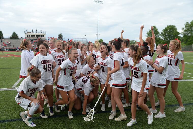 Archbishop Carroll Girls Lacrosse celebrates victory over Twin Valley in the PIAA Class 2A Girls Lacrosse championship game. The game took place at West Chester East High School on Saturday, June 11th, 2022.