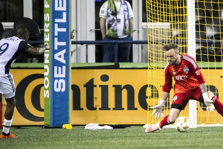 Fafa Picault (left) scored the winning goal for the Union against the Seattle Sounders in the 93rd minute.