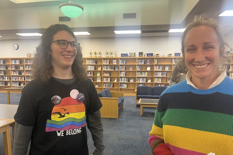 Jakob Pender, left, a 2022 graduate of Ocean City High School and physics student at Rutgers, and Rev. Cricket Denton, a parent and local pastor, following the Jan. 4, 2023 meeting of the Ocean City Board of Education. Both read a letter to the Dr. Matthew Friedman, superintendent, advocating for LGBTQ+ rights in the district.