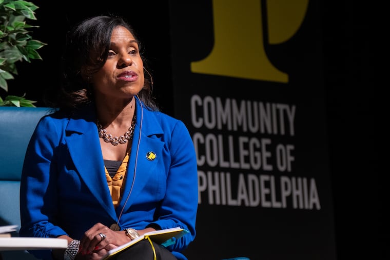 Alycia Marshall speaks at a forum during her daylong interviews as a finalist for president of Community College of Philadelphia. She was selected for the job on Tuesday.