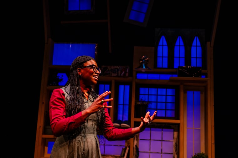 Brett Ashley Robinson in Ian Kershaw's "The Greatest Play in the History of the World." The joint production of the Inis Nua and Tiny Dynamite theater companies is playing in Philadelphia through Dec. 14, 2025.