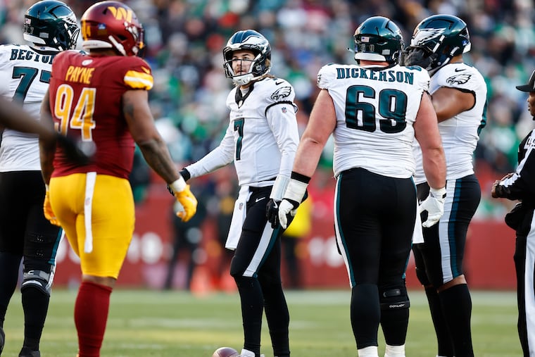 Eagles quarterback Kenny Pickett after getting sacked in the third quarter.