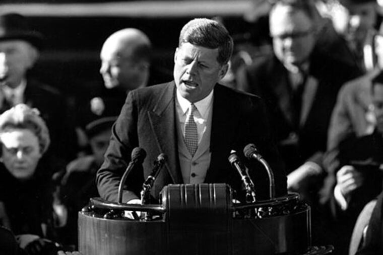 FILE - This Jan. 20, 1961 black-and-white file photo shows President John F. Kennedy delivering his inaugural address after taking the oath of office, on Capitol Hill in Washington. (AP Photo, File)