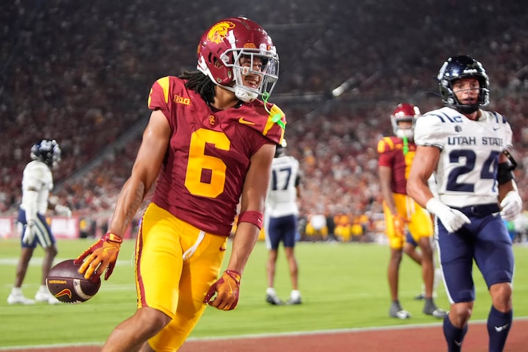 Southern California wide receiver Makai Lemon (left) gives the Eagles another option with A.J. Brown seemingly on the way out of Philadelphia.