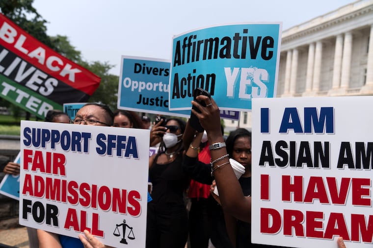 Demonstrators protest outside of the U.S. Supreme Court Building in June, hours after the justices struck down the use of affirmative action as a factor in college admissions.