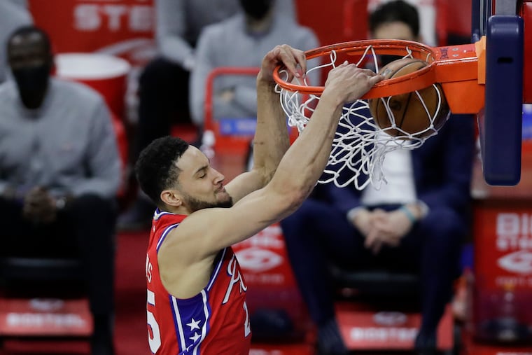 Sixers guard Ben Simmons dunks in the third quarter against the Oklahoma City Thunder.