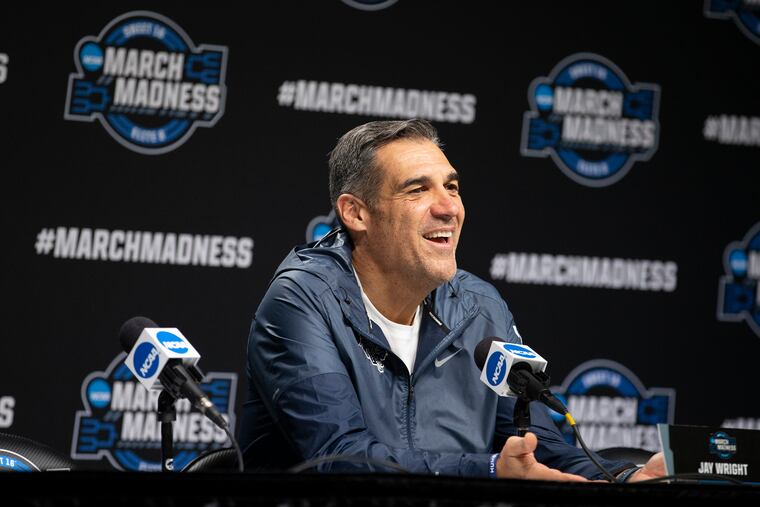 Coach Jay Wright of Villanova laughs during his news conference at the NCAA Tournament on Wednesday at AT&T Arena in San Antonio.