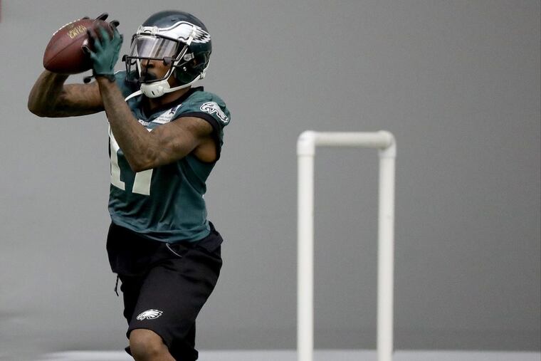 Eagles’ Alshon Jeffery catches a pass during Eagles practice in Philadelphia, PA on January 10, 2018. The Eagles are preparing for the playoff game against the Falcons. DAVID MAIALETTI / Staff Photographer