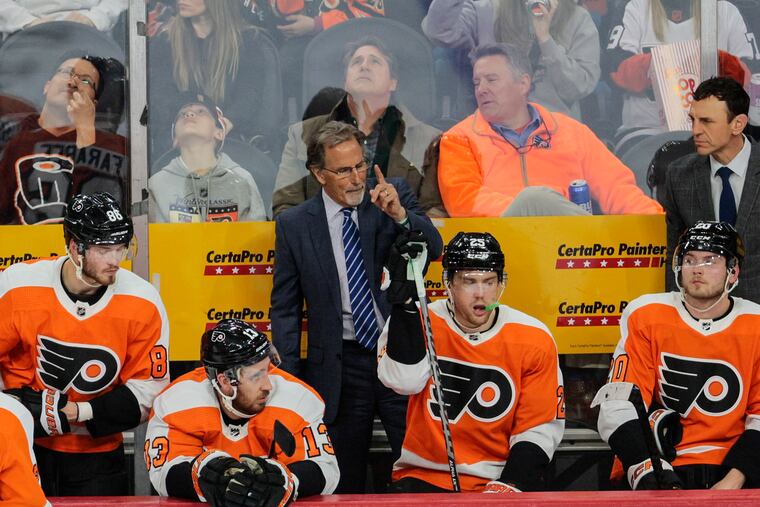 Flyers head coach John Tortorella talks to his team while playing the Canadiens during the second period at the Wells Fargo Center in Philadelphia, Tuesday, March 28, 2023.