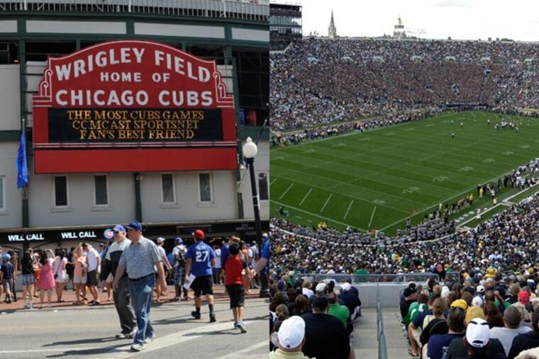 Wrigley Field in Chicago and Notre Dame Stadium in South Bend, Ind. (AP Photos)