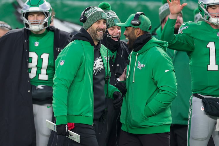 Nick Sirianni (left) asked special teams coordinator Michael Clay twice this season for a blocked kick. And both times, his unit delivered.