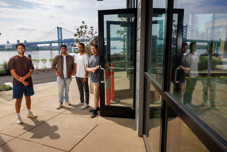 Partners (from left) Pri Rambhia, Sanil Shah, Kanay Patel, and Mike Metzger outside the future Lucky Duck at the Rivermark Northern Liberties, 501 N. Columbus Blvd.