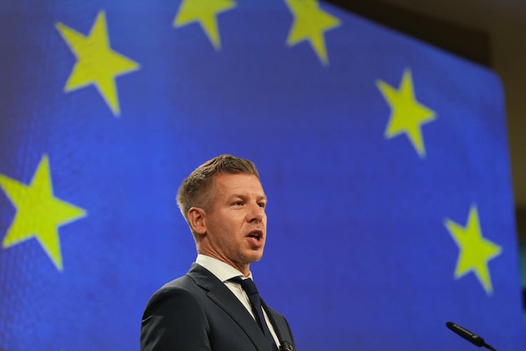 Hungary's Prime Minister Peter Magyar addresses the media at EU headquarters in Brussels, Friday, May 29, 2026.