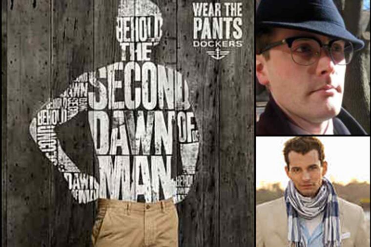 Signs of the manly man: A Dockers ad (left); law student Leo Mulvihill, who favors vintage suits and hats (top right); and a Saks Fifth Avenue ad shot at a raceway. (Photos provided)