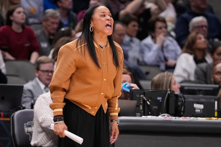 South Carolina head coach Dawn Staley reacts during the first half of Friday's Final Four game against Iowa.