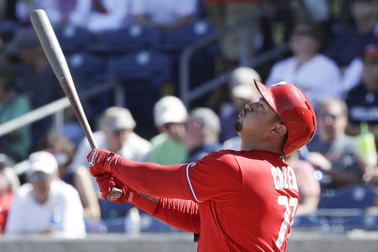 Dylan Cozens, pictured in spring training, hit his third home run of the season in triple A Lehigh Valley’s 7-3 win over Norfolk Monday.