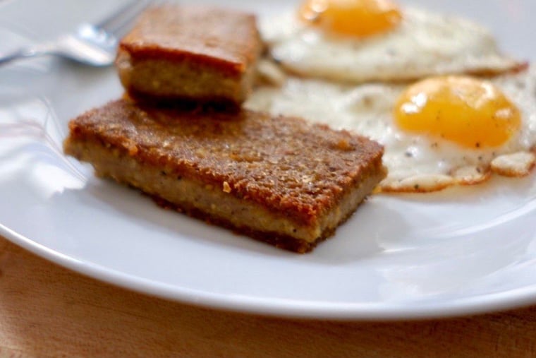Two slices of fresh scrapple made from local ingredients by Primal Supply Meats.