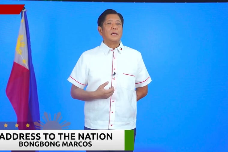 In this image from video posted on the Bongbong Marcos Facebook page, presidential candidate and former senator Ferdinand Marcos Jr. issues a statement to the media on Monday in Manila, Philippines.