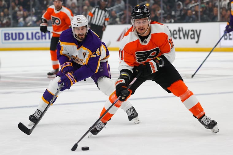 Forward Travis Konecny takes a shot in the Flyers' win over the Los Angeles Kings on New Year's Eve. Konecny would ice the game with an empty net wrist shot.