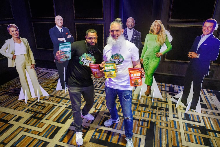 Norristown duo Jordan Atkins (left) and Vincent DePaul pitched Kingdom Kale, their raw, vegan kale chip snack, during Shark Tank's audition at Rivers Casino in the Fishtown neighborhood of Philadelphia.