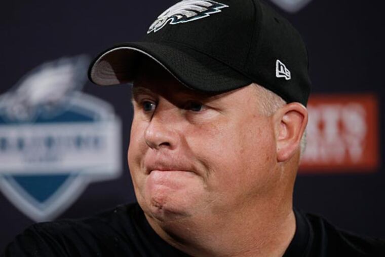 Philadelphia Eagles head coach Chip Kelly speaks with members of the
media at NFL football training camp, Tuesday, Aug. 4, 2015, in Philadelphia. (Matt Rourke/AP)