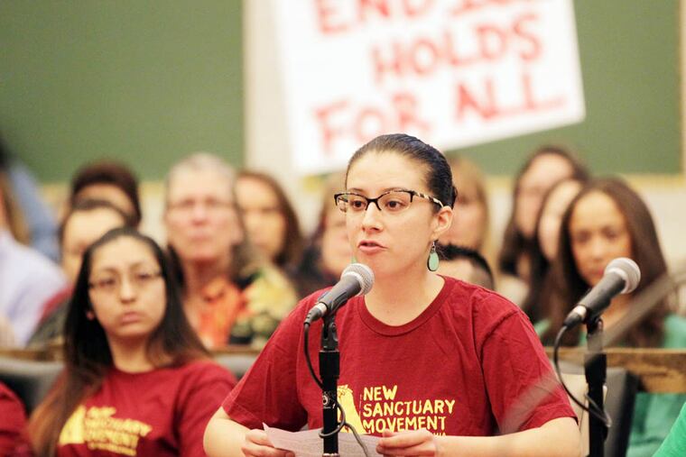 Tamara Jimenez, a board member for the New Sanctuary Movement of Philadelphia, testifies at City Hall on March 12, 2014. City Council hears testimony about how city's collaboration with ICE impacts immigrant communities. Immigrant advocates want the police to stop honoring ICE holds, or detainers, that would keep undocumented immigrants and some legal residents in prison after being arrested for an alleged crime or other offense. ( DAVID MAIALETTI / Staff Photographer )