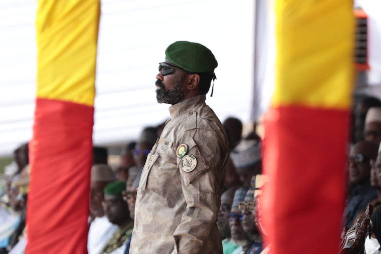 Gen. Assimi Goita, Mali's junta leader, attends the funeral of former defense minister Sadio Camara Engineering Parade in Bamako, Mali, on April 30.