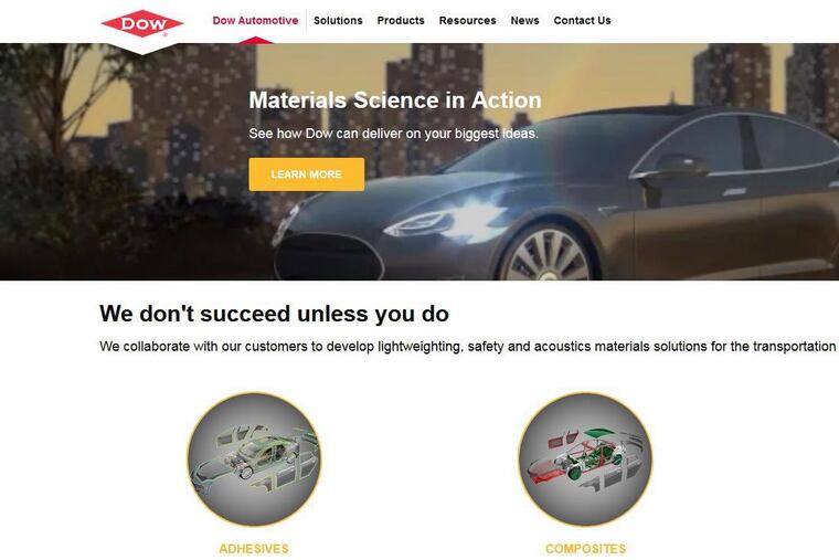 Screen shot from the Dow Automotive website. The newly formed DowDupont now plans to transfer its automotive-supply and several other materials businesses, with total yearly sales of $8 billion, to a DuPont successor company based in Delaware instead of its planned Dow successor in Michigan.