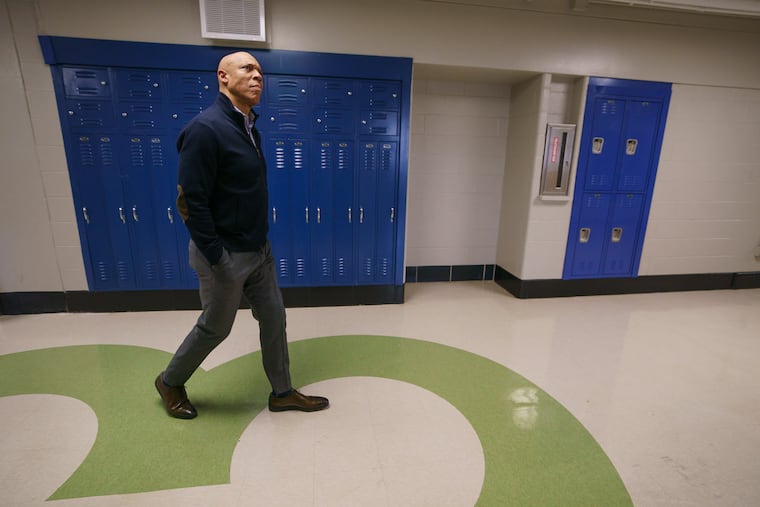 Dr. William R. Hite Jr., superintendent of the School District of Philadelphia, shown here in the hallway during a media tour at Benjamin Franklin High School and the Science Leadership Academy, where crews spent months remediating asbestos and completing construction and renovations, in Philadelphia, Monday, Feb. 17, 2020.