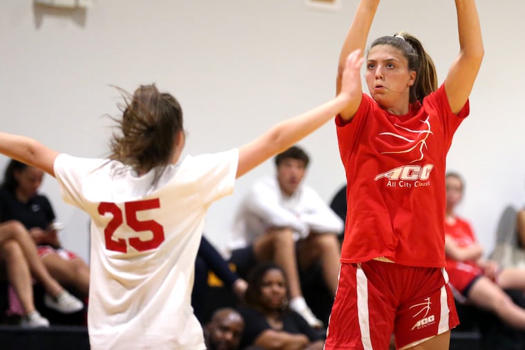 Plymouth Whitemarsh's Abby Sharpe, right, has committed to Penn. She plays in the girls All-City Classic junior game at Imhotep Charter High School on June 1, 2022.