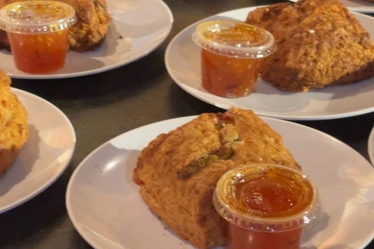 Downtime Bakery wins the Great Inquirer Bake-off with long hots and cheddar biscuits and sungold tomato jam at the inaugural Inquirer Food Festival.