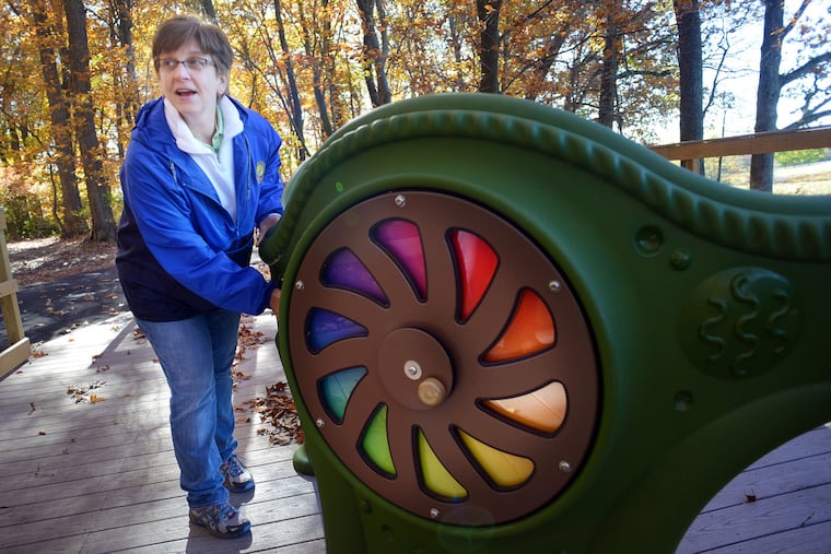 Karen Sweeney, Director of Parks and Recreation speaks about the new "sensory trail," believed to be the first in Pennsylvania, where children on the autism spectrum and with other special needs can play outdoors with their siblings and parents.
