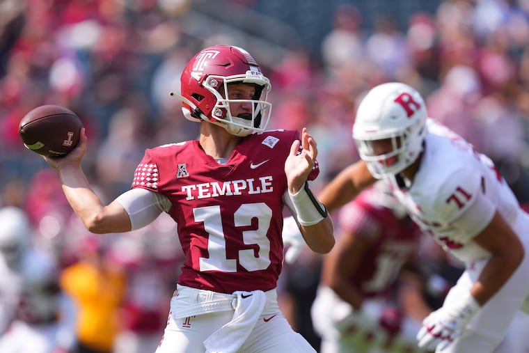 PHILADELPHIA, PA - SEPTEMBER 17: E.J. Warner #13 of the Temple Owls throws a pass against the Rutgers Scarlet Knights in the first half at Lincoln Financial Field on September 17, 2022 in Philadelphia, Pennsylvania. (Photo by Mitchell Leff/Getty Images)