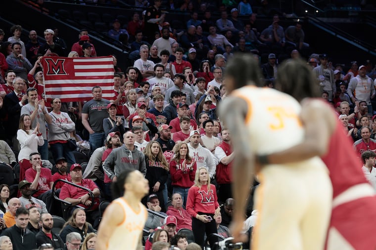 Miami (Ohio) fans cheer for their team just before losing to Tennessee during the NCAA Tournament at Xfinity Mobile Arena in Philadelphia on Friday.
