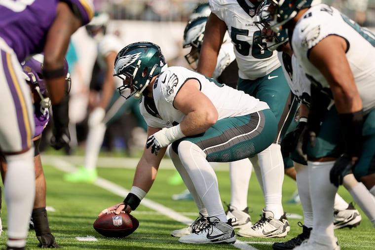 Philadelphia Eagles guard/center Brett Toth fills in for Cam Jurgens as they play the Minnesota Vikings at U.S. Bank Stadium in Minneapolis on Sunday, Oct. 19, 2025.