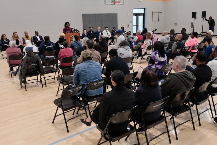 Mayor Cherelle L. Parker addresses the community at a meeting Saturday on the recovery and demolition operations at the partially collapsed parking garage in Grays Ferry.