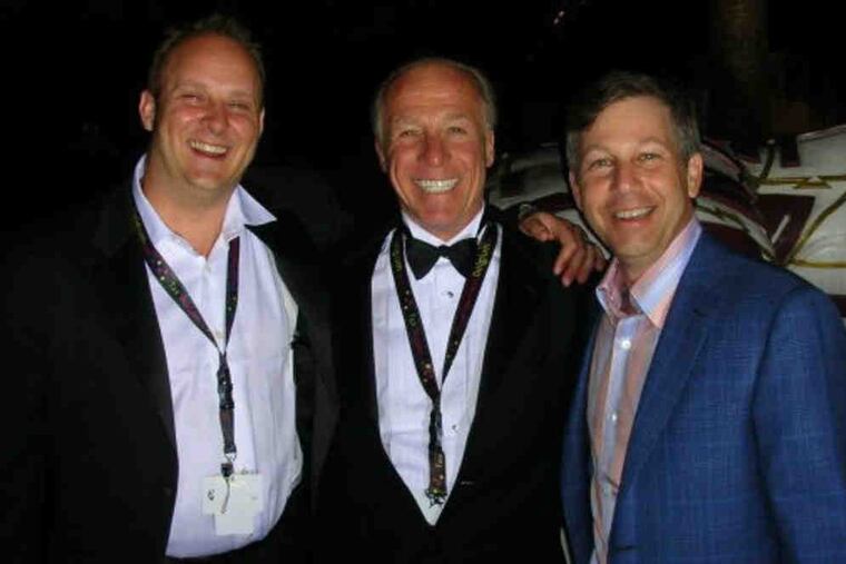 At the Invincible Pictures studio in Philadelphia are (from left) Tom Ashley, head of FlixFling and Invincible; Jackie Martling, who stars in FlixFling's new ad; and Brad Heffler, founder of the Claims Compensation Bureau, an investor.