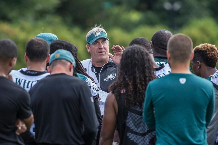 Eagles coach Doug Pederson, center, will change up the routine to keep it fresh.