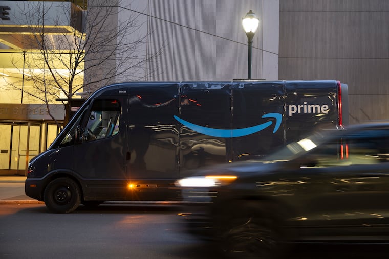An Amazon truck parked on 16th Street near Market Street in Philadelphia.