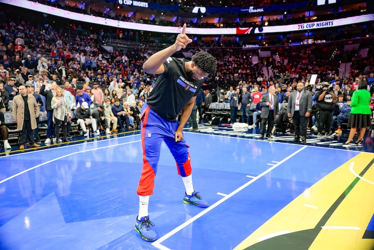 Joel Embiid gets ready to make his return on the Sixers' NBA Cup floor at the Wells Fargo Center on Tuesday.