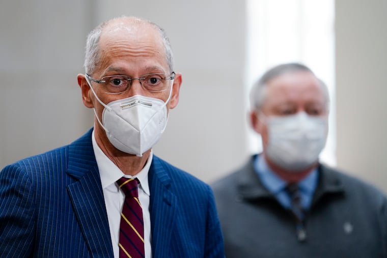 Former Health Commissioner Thomas Farley (left) and Mayor Jim Kenney at a news conference in May 2021 about the city's mishandling of the remains of victims of the MOVE bombing.
